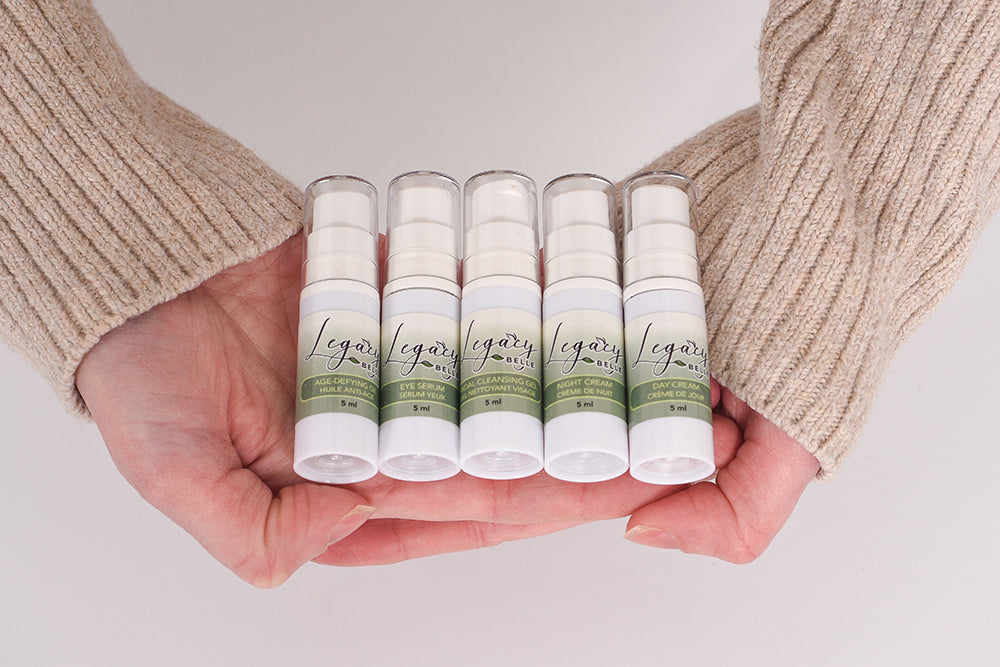 All five products in a 5ml airless pump or Legacy Belle Sample Pack include age-defying oil, night cream, day cream, eye serum, and facial cleansing gel.